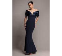 Goddiva Women's Satin Plunge Neck Bardot Scuba Maxi Dress in Navy | Size: 12