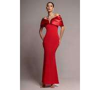 Goddiva Women's Satin Plunge Neck Bardot Scuba Maxi Dress in Red | Size: 12
