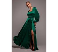 Goddiva Women's Satin Square Neck Bishop Sleeve A Line Maxi Dress in Emerald | Size: 10 Goddiva Emerald 10