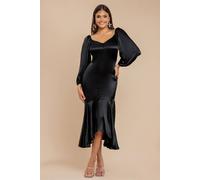 Goddiva Women's Satin Viscose Front Buttoned Dipped Hem Midaxi Dress in Black | Size: 8 Goddiva Black 8