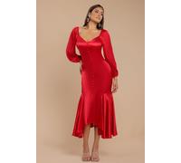 Goddiva Women's Satin Viscose Front Buttoned Dipped Hem Midaxi Dress in Red | Size: 14 Goddiva Red 14