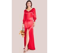 Goddiva Women's Satin Viscose Front Split Maxi Dress in Red | Size: 10