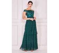 Goddiva Women's Scallop Bardot Ruffle Mesh Maxi Dress in Emerald | Size: 10