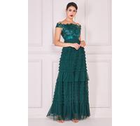 Goddiva Women's Scallop Bardot Ruffle Mesh Maxi in Emerald | Size: 10 Goddiva Emerald 10