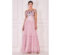 Goddiva Women's Scallop Bardot Ruffle Mesh Maxi in Light Beige | Size: 8 Goddiva Light Beige 8