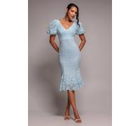 Goddiva Women's Scallop Lace Puff Sleeve Fit & Flare Midi Dress in Light Blue | Size: 18