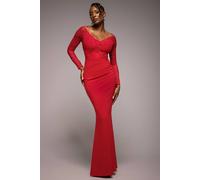 Goddiva Women's Scalloped Lace Bodice Long Sleeve Bardot Maxi Dress in Red | Size: 10
