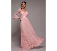 Goddiva Women's Scalloped Lace Bodice Pleated Chiffon A Line Maxi Dress in Light Pink | Size: 8 Goddiva Light Pink 8