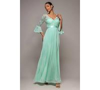 Goddiva Women's Scalloped Lace Bodice Pleated Chiffon A Line Maxi Dress in Mint | Size: 12