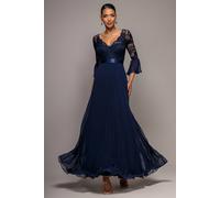 Goddiva Women's Scalloped Lace Bodice Pleated Chiffon A Line Maxi Dress in Navy | Size: 10
