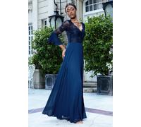 Goddiva Women's Scalloped Lace Bodice Pleated Chiffon A Line Maxi Dress in Navy | Size: 14 Goddiva Navy 14