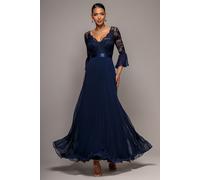 Goddiva Women's Scalloped Lace Bodice Pleated Chiffon A Line Maxi Dress in Navy | Size: 6 Goddiva Navy 6