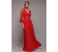 Goddiva Women's Scalloped Lace Bodice Pleated Chiffon A Line Maxi Dress in Red | Size: 14 Goddiva Red 14