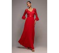 Goddiva Women's Scalloped Lace Bodice Pleated Chiffon A Line Maxi Dress in Red | Size: 6