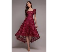 Goddiva Women's Scalloped Neck Embroidered Lace High Low Midi Dress in Burgundy | Size: 18