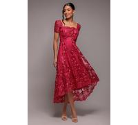 Goddiva Women's Scalloped Neck Embroidered Lace High Low Midi Dress in Magenta | Size: 12 Goddiva Magenta 12