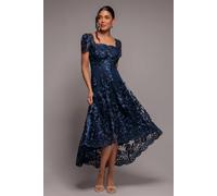 Goddiva Women's Scalloped Neck Embroidered Lace High Low Midi Dress in Navy | Size: 12