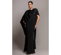 Goddiva Women's Scoop Neck Velvet Satin Cape Sleeve Maxi Dress in Black | Size: 14