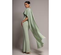 Goddiva Women's Scoop Neck Velvet Satin Cape Sleeve Maxi Dress in Pale Green | Size: 10
