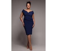 Goddiva Women's Scuba Bardot Pleated Midi Dress in Navy | Size: 20