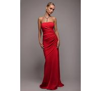 Goddiva Women's Scuba Crepe Bandeau Maxi Dress With Diamante Necklace in Red | Size: 16
