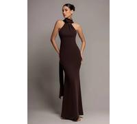 Goddiva Women's Scuba & Soft Satin Halterneck Maxi Dress With Back Sash in Brown | Size: 12