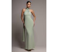 Goddiva Women's Scuba & Soft Satin Halterneck Maxi Dress With Back Sash in Light Green | Size: 10
