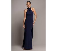 Goddiva Women's Scuba & Soft Satin Halterneck Maxi Dress With Back Sash in Navy | Size: 10