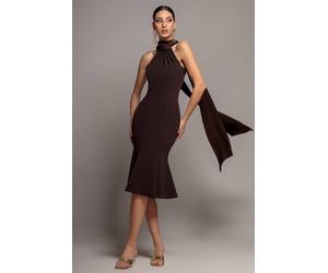 Goddiva Women's Scuba & Velvet Satin Halterneck Midi Dress With Back Sash in Brown | Size: 16