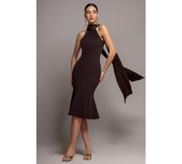 Goddiva Women's Scuba & Velvet Satin Halterneck Midi Dress With Back Sash in Brown | Size: 18