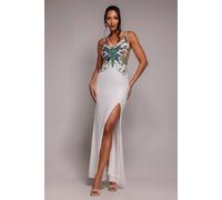 Goddiva Women's Sequin Butterfly Front Split Maxi Dress in White | Size: 10