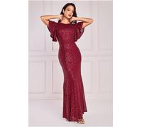 Goddiva Women's Sequin Flutter Sleeve Maxi Dress in Wine | Size: 12