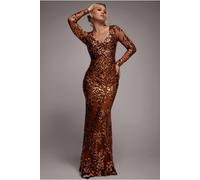 Goddiva Women's Sequin Leaf Long Sleeve Maxi Dress in Bronze | Size: 8