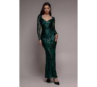 Goddiva Women's Sequin Leaf Long Sleeve Maxi Dress in Emerald | Size: 18