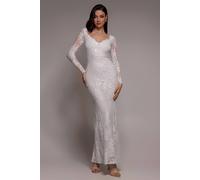 Goddiva Women's Sequin Leaf Long Sleeve Maxi Dress in White | Size: 16