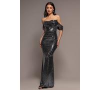 Goddiva Women's Sequin Lurex Off-Shoulder Cowl Bardot Maxi Dress in Black | Size: 14