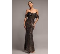 Goddiva Women's Sequin Lurex Off-Shoulder Cowl Bardot Maxi Dress in Gold | Size: 18