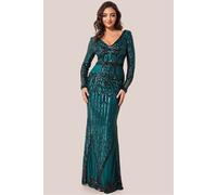 Goddiva Women's Sequin & Mesh Embroidered Maxi in Emerald | Size: 8 Goddiva Emerald 8
