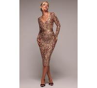 Goddiva Women's Sequin & Mesh Midi Dress in Medium Beige | Size: 12 Goddiva Medium Beige 12