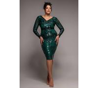 Goddiva Women's Sequin Mesh V Neck Midi Dress in Emerald | Size: 20