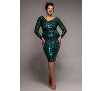 Goddiva Women's Sequin Mesh V Neck Midi in Emerald | Size: 22 Goddiva Emerald 22