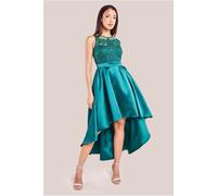 Goddiva Women's Sequin & Satin Dipped Hem Midi Dress in Emerald | Size: 10 Goddiva Emerald 10