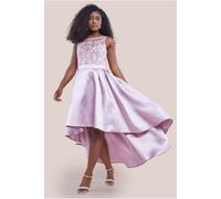 Goddiva Women's Sequin & Satin Dipped Hem Midi Dress in Light Beige | Size: 12 Goddiva Light Beige 12