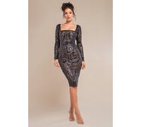 Goddiva Women's Sequin Square Neck Bodycon Midi Dress With Scalloped Hem in Black | Size: 12