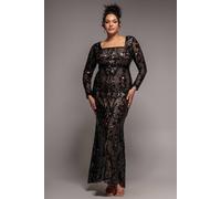 Goddiva Women's Sequin Square Neck Maxi Dress With Scallop Hem in Black | Size: 26