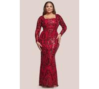 Goddiva Women's Sequin Square Neck Maxi With Scallop Hem in Red | Size: 22 Goddiva Red 22