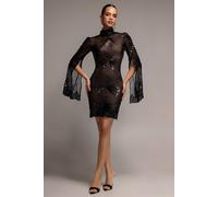 Goddiva Women's Sequin Starburst Cape Sleeve Mini Dress in Black | Size: 14
