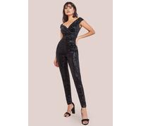 Goddiva Women's Sequin Velvet Bardot Jumpsuit in Black | Size: 8