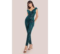 Goddiva Women's Sequin Velvet Bardot Jumpsuit in Emerald | Size: 10 Goddiva Emerald 10