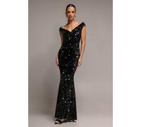 Goddiva Women's Sequin & Velvet Off-The Shoulder Wrap Maxi Dress in Black | Size: 12